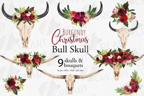 Christmas Tribal Flower Bull Skull Decor Graphics