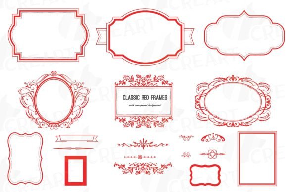 Classic Red Frames Borders Decor Clipart: Graphics for Print Templates