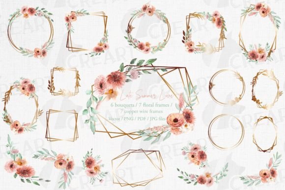 Coral and Blush Pink Floral Copper Frame Graphics & Print Templates