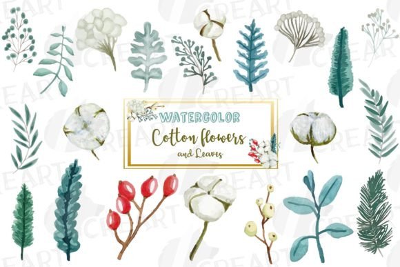 Cotton Bolls, Fir Branch Leafy Autumn Graphics & Print Templates