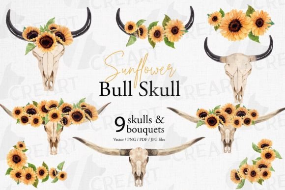 Sunflower Bouquets Bull Skull Elements: Graphics & Print Templates