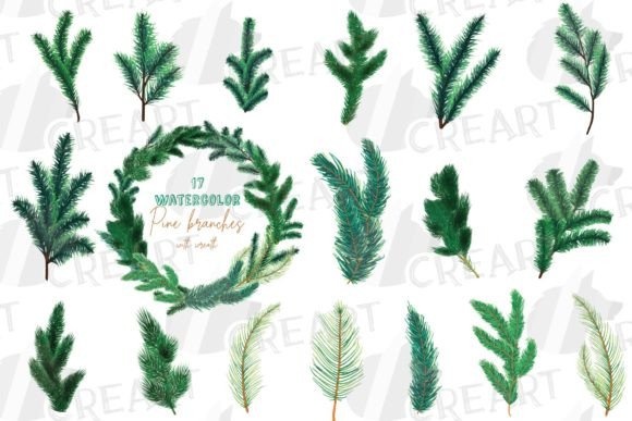 Watercolor Pine Tree Branches Elements: Graphics & Print Templates