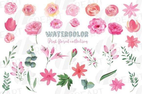 Watercolor Pink Floral Elements: Graphics & Print Templates